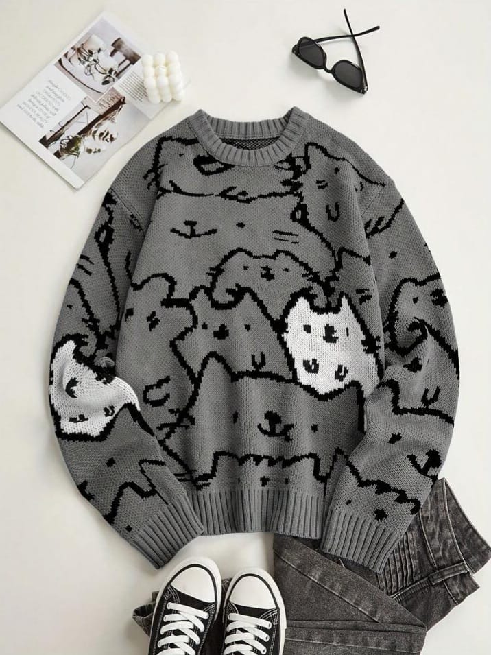 CRAZZY-MONKEY Men's Heart-Shaped Cat Prints Academia Style Sweatshirt